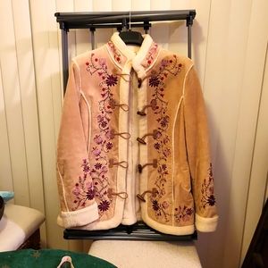 Embroidered Suede Leather Coat